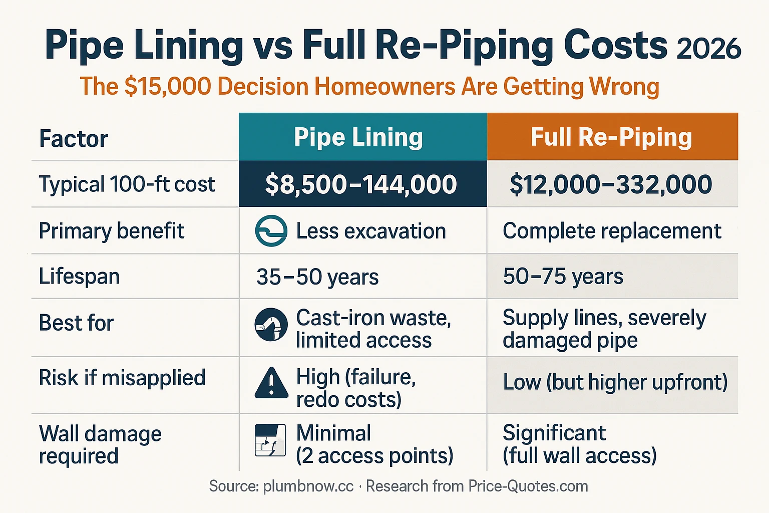 Pipe Lining vs Full Re-Piping Costs 2026: The $15,000 Decision Homeowners Are Getting Wrong - Data Visualization